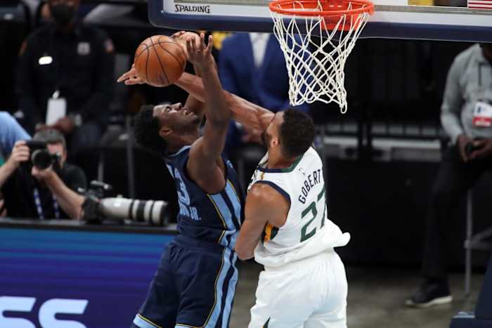 Rudy Gobert (27) blocks a shot from Jaren Jackson Jr (13)