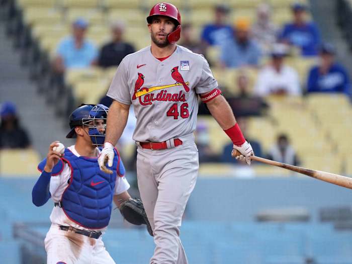 St. Louis Cardinals first baseman Paul Goldschmidt (46) reacts after striking out during the third inning as Los Angeles Dodgers catcher Austin Barnes (15) looks on at Dodger Stadium.