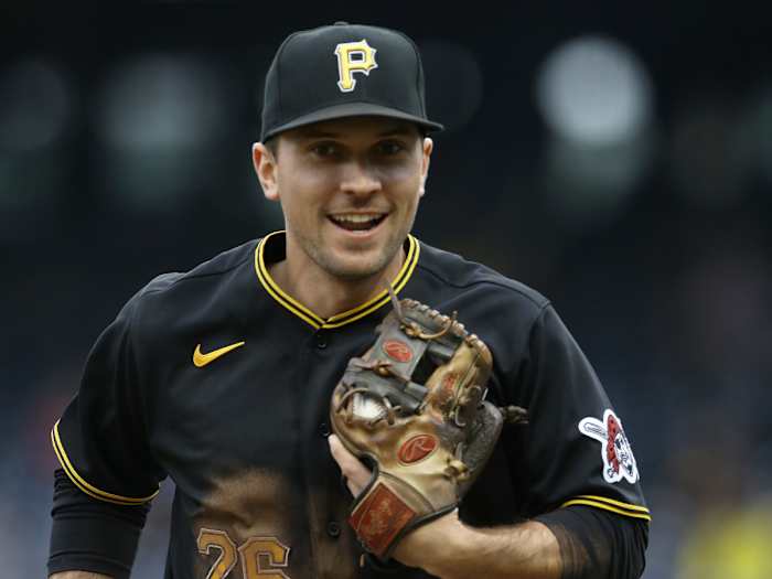 Pittsburgh Pirates second baseman Adam Frazier (26) reacts after securing the final out against the Colorado Rockies during the seventh inning at PNC Park.