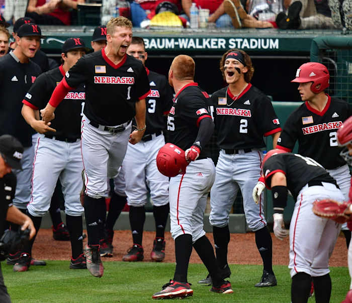 The Huskers celebrate Luke Roskam's solo home run baseball vs Arkansas 2021 G3