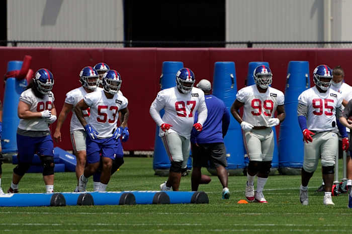 The New York Giants defensive line works out during Giants minicamp at Quest Diagnostics Training Center on Tuesday, June 8, 2021, in East Rutherford. Nyg Minicamp