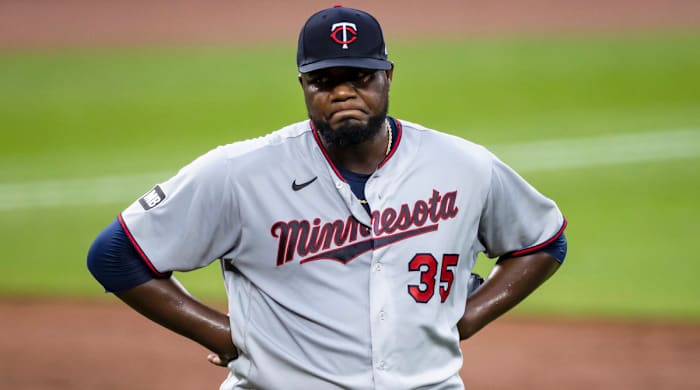 Jun 1, 2021; Baltimore, Maryland, USA; Minnesota Twins starting pitcher Michael Pineda (35) reacts after giving up a run against the Baltimore Orioles during the third inning at Oriole Park at Camden Yards.