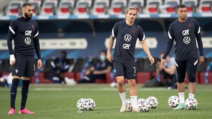 France's Karim Benzema, Antoine Griezmann and Kylian Mbappé