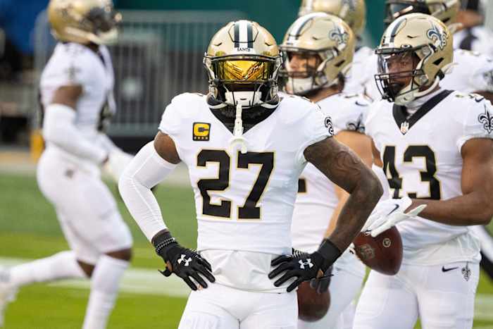 New Orleans Saints safety Malcolm Jenkins (27) before action against the Philadelphia Eagles. Mandatory Credit: Bill Streicher-USA TODAY Sports