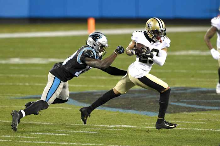 Saints cornerback Marshon Lattimore (23) intercepts a pass intended for Carolina receiver Curtis Samuel (10). Mandatory Credit: Bob Donnan-USA TODAY Sports