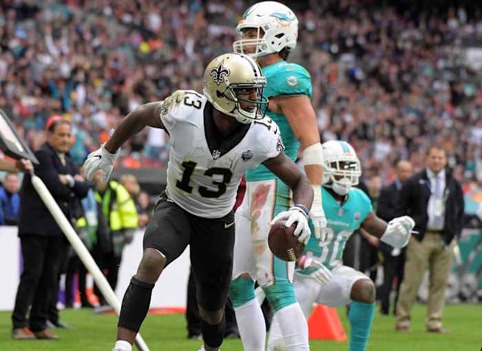 New Orleans Saints wide receiver Michael Thomas (13) celebrates after scoring on a touchdown reception against the Miami Dolphins. Mandatory Credit: Kirby Lee-USA TODAY Sports