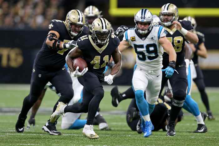 New Orleans Saints running back Alvin Kamara (41) runs against the Carolina Panthers. Mandatory Credit: Chuck Cook-USA TODAY