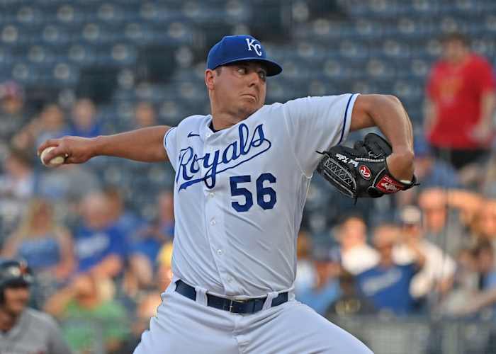Jun 14, 2021; Kansas City, Missouri, USA; Kansas City Royals starting pitcher Brad Keller (56) delivers a pitch during the first inning against the Detroit Tigers at Kauffman Stadium. Mandatory Credit: Peter Aiken-USA TODAY Sports