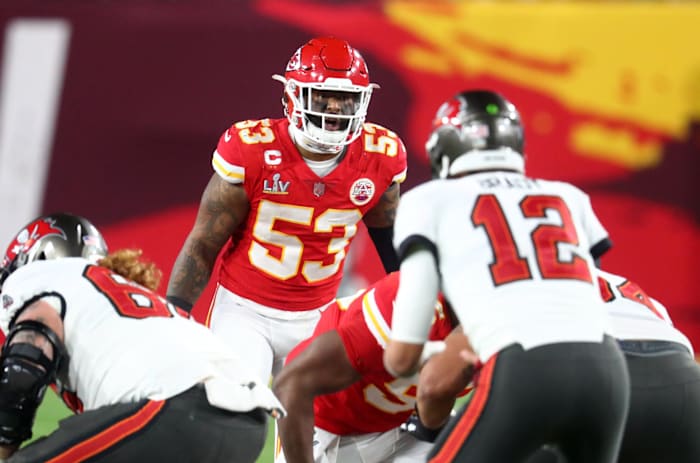 Feb 4, 2021; Tampa, FL, USA; Kansas City Chiefs linebacker Anthony Hitchens (53) against the Tampa Bay Buccaneers in Super Bowl LV at Raymond James Stadium. Mandatory Credit: Mark J. Rebilas-USA TODAY Sports