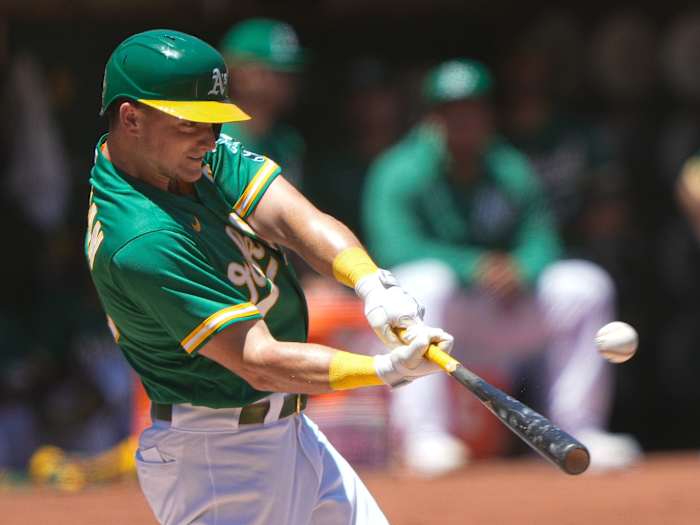 Oakland Athletics third baseman Matt Chapman (26) hits a solo home run during the first inning against the Kansas City Royals at RingCentral Coliseum.