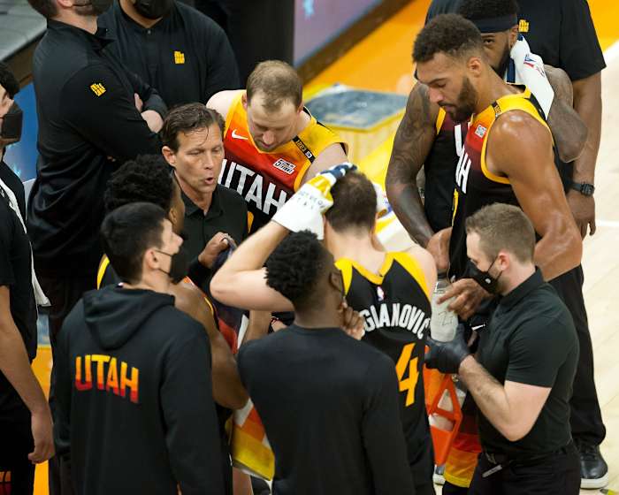 Head Coach Quin Snyder coaches his team during a timeout in game five of the Western Conference Semifinals
