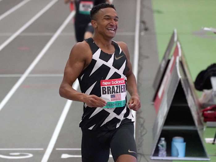 Donavan Brazier (USA) celebrates after winning the 800m in an American record 1:44.21 during the New Balance Indoor Grand Prix at Ocean Breeze Athletic Complex.