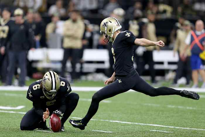 New Orleans Saints kicker Wil Lutz (3) attempts a field goal against the Atlanta Falcons. Mandatory Credit: Chuck Cook-USA TODAY