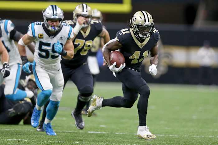 New Orleans Saints running back Alvin Kamara (41) runs against the Carolina Panthers. Mandatory Credit: Chuck Cook-USA TODAY Sports
