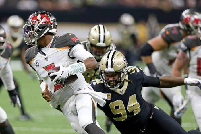 Tampa Bay quarterback Jameis Winston (3) is sacked by New Orleans Saints defensive end Cameron Jordan (94). Mandatory Credit: Chuck Cook-USA TODAY Sports