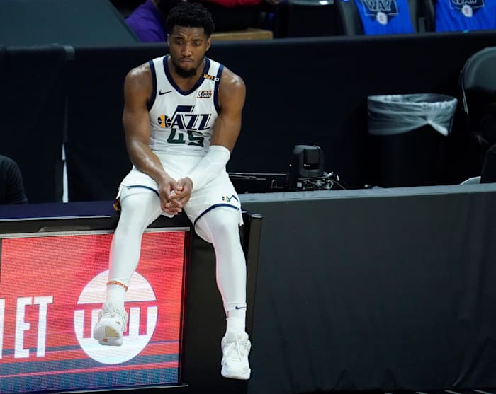 Donovan Mitchell (45) looks on during the final moments of the Jazz game six loss on Friday night