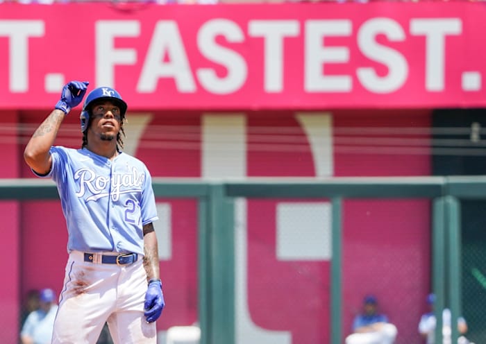 Jun 20, 2021; Kansas City, Missouri, USA; Kansas City Royals shortstop Adalberto Mondesi (27) celebrates after hitting a ground rule double in the third inning against the Boston Red Sox at Kauffman Stadium. Mandatory Credit: Denny Medley-USA TODAY Sports