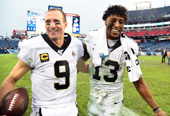 New Orleans Saints wide receiver Michael Thomas (13) and New Orleans Saints quarterback Drew Brees (9). Mandatory Credit: Christopher Hanewinckel-USA TODAY