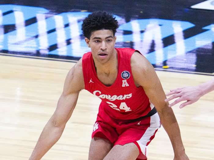 Quentin Grimes playing for the Houston Cougars during the Final Four.
