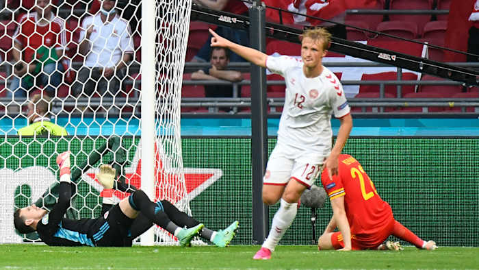 Kasper Dolberg scores for Denmark vs. Wales at the Euros