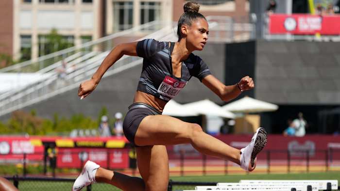 Sydney McLaughlin wins women's 400m hurdles heat in 54.07 for the top time during the US Olympic Team Trials at Hayward Field.