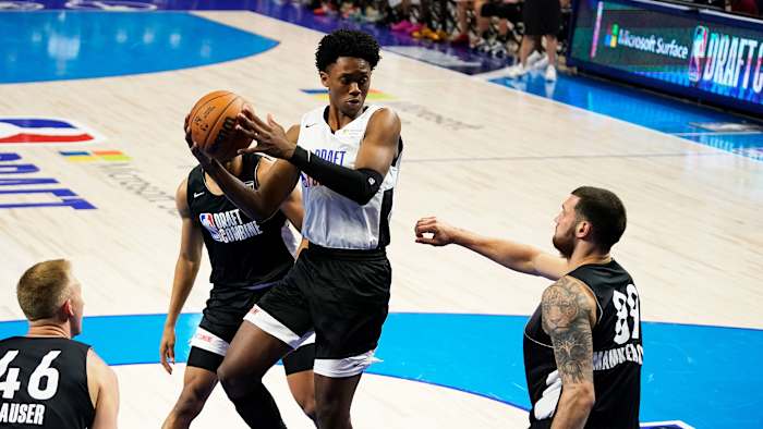 Alabama's Joshua Primo drives to the hoop at the NBA combine
