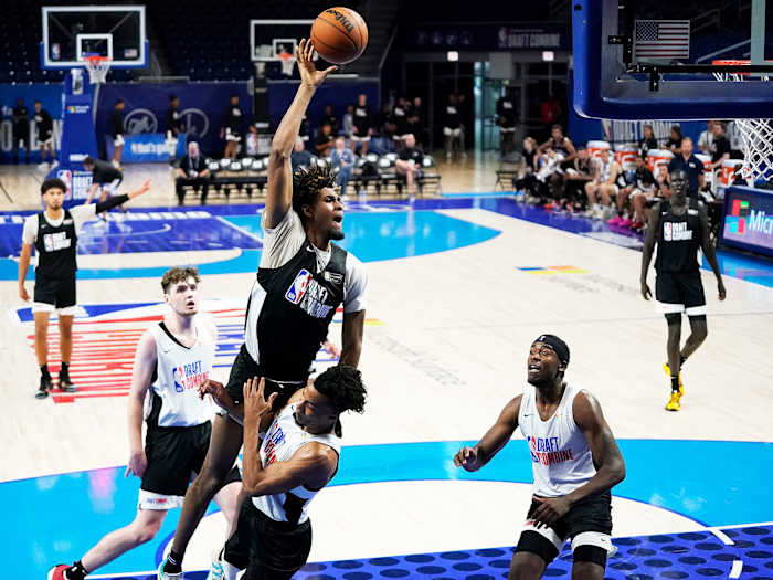 Greg Brown lunges toward the basket at the NBA combine