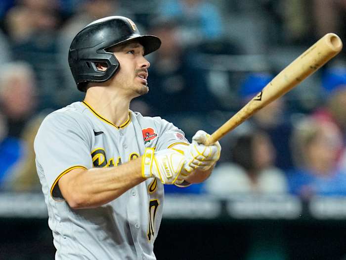 May 31, 2021; Kansas City, Missouri, USA; Pittsburgh Pirates left fielder Bryan Reynolds (10) watches after hitting a home run against the Kansas City Royals during the eighth inning at Kauffman Stadium.