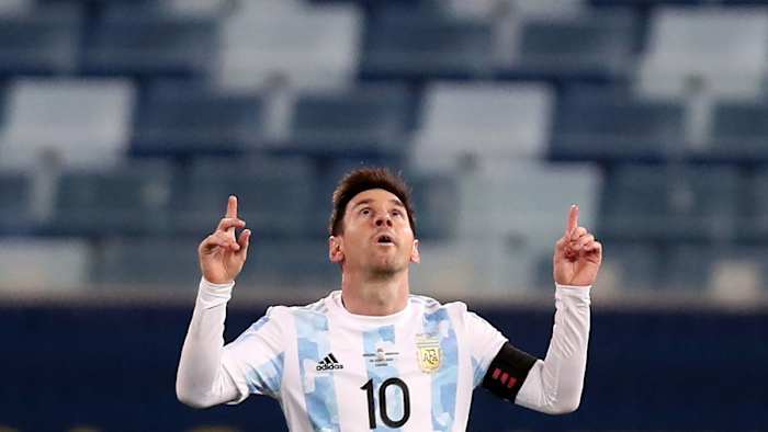 Lionel Messi celebrates a goal at Copa America
