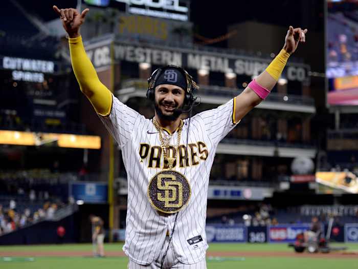 Jun 25, 2021; San Diego, California, USA; San Diego Padres shortstop Fernando Tatis Jr. (23) gestures after the game against the Arizona Diamondbacks at Petco Park