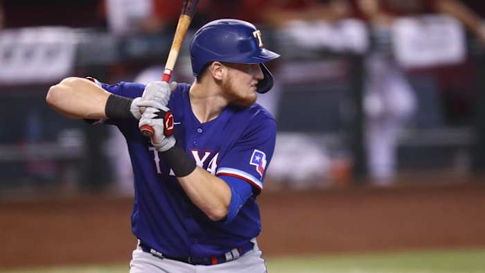Sep 23, 2020; Phoenix, Arizona, USA; Texas Rangers catcher Sam Huff against the Arizona Diamondbacks at Chase Field.