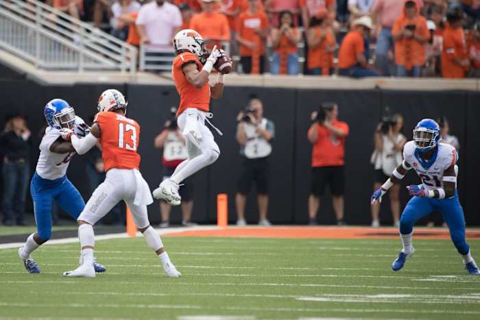 Oklahoma State Cowboys receiver Jalen McCleskey (1) makes a catch against Boise State. Mandatory Credit: Rob Ferguson-USA TODAY