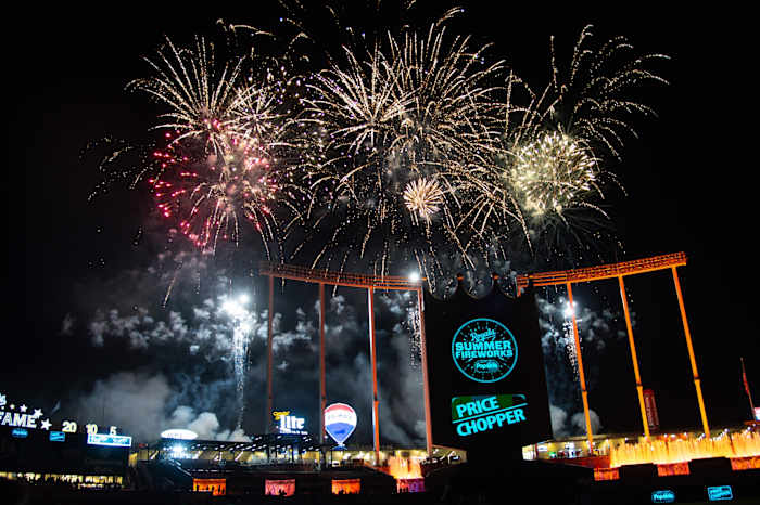 Jul 3, 2019; Kansas City, MO, USA; Fireworks display after the game between the Kansas City Royals and the Cleveland Indians at Kauffman Stadium. Mandatory Credit: Steven Branscombe-USA TODAY Sports
