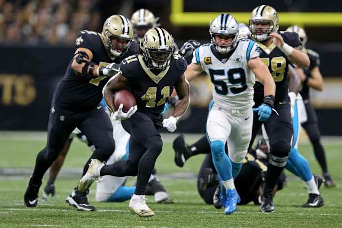 New Orleans Saints running back Alvin Kamara (41) runs against the Carolina Panthers. Mandatory Credit: Chuck Cook-USA TODAY Sports