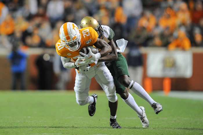 Tennessee Volunteers defensive back Bryce Thompson (20) intercepts a pass intended for UAB receiver Myron Mitchell (5). Mandatory Credit: Randy Sartin-USA TODAY