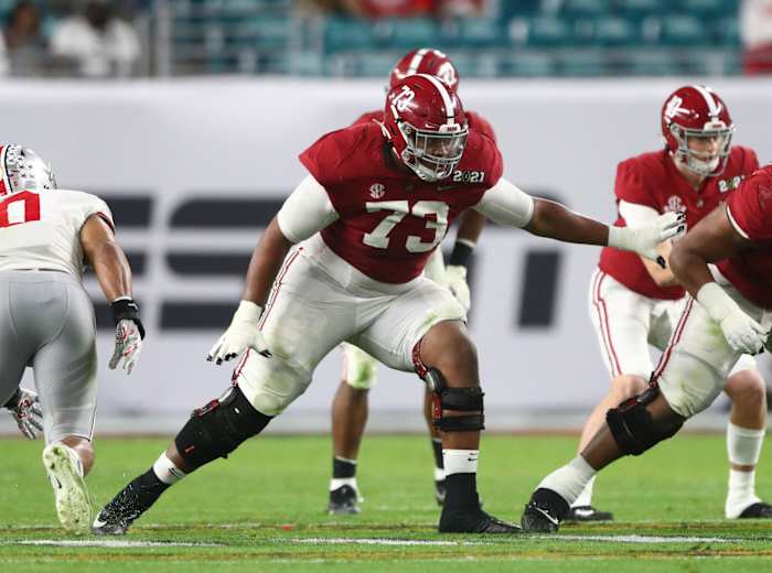 Evan Neal, Alabama's massive offensive tackle, has borderline-elite traits. 