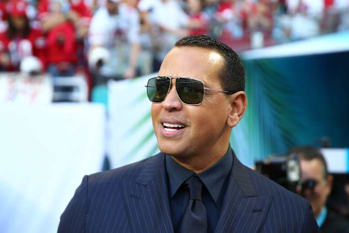 Former Yankees star Alex Rodriguez smiling at Super Bowl