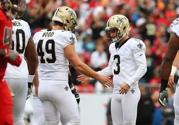 New Orleans Saints kicker Wil Lutz (3) is congratulated by long snapper Zach Wood (49) after kicking a field goal against Tampa Bay. Mandatory Credit: Kim Klement-USA TODAY