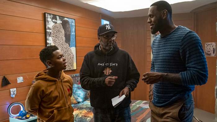 (L-r) Cedric Joe, Director Malcolm D. Lee and LeBron James on the set of “SPACE JAM: A NEW LEGACY,” a Warner Bros. Pictures release.