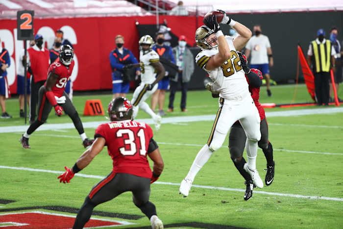 New Orleans Saints tight end Adam Trautman (82) catches a touchdown pass against the Tampa Bay Buccaneers. Mandatory Credit: Kim Klement-USA TODAY Sports