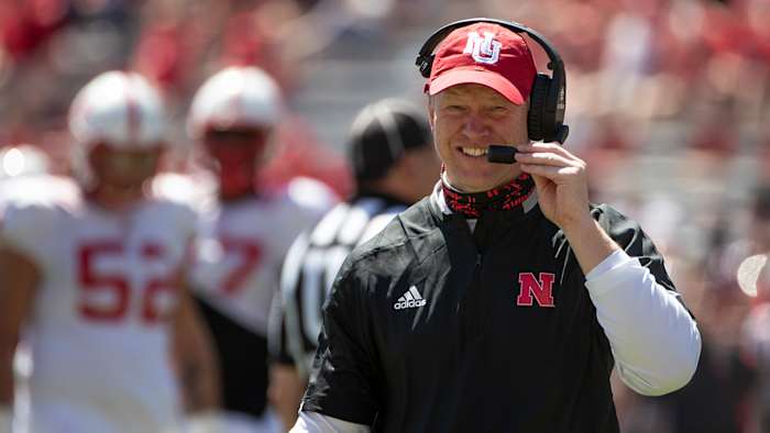 Nebraska football coach Scott Frost smiles during the 2021 Red-White Spring Game