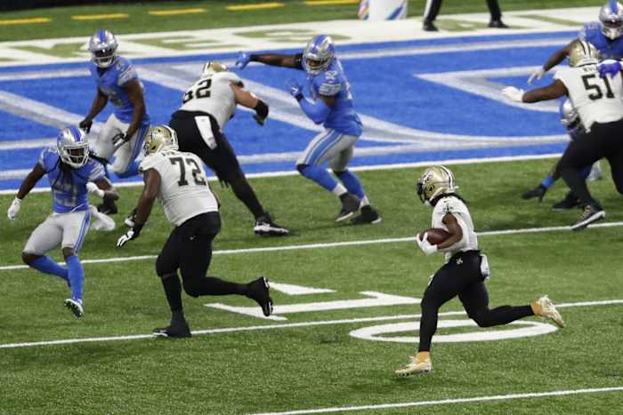 New Orleans Saints running back Alvin Kamara (41) runs the ball against Detroit. Mandatory Credit: Raj Mehta-USA TODAY Sports