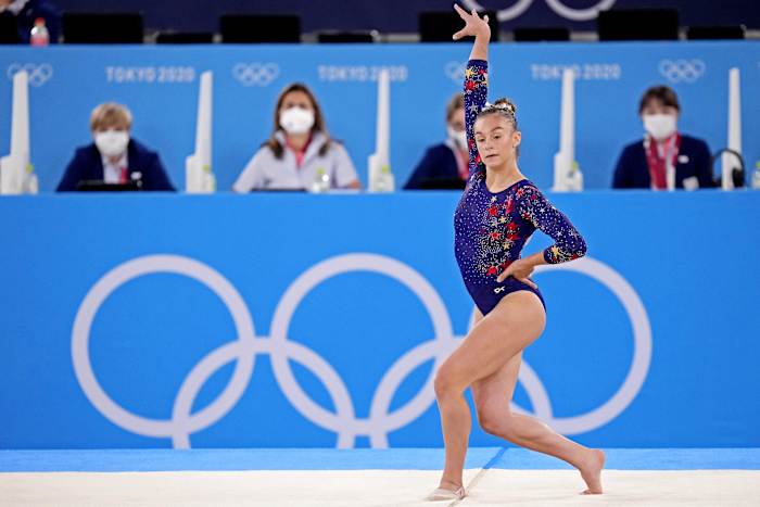 Jul 25, 2021; Tokyo, Japan; Grace McCallum (USA) competes on the floor in the womens gymnastics qualifications during the Tokyo 2020 Olympic Summer Games at Ariake Gymnastics Centre. Mandatory Credit: Danielle Parhizkaran-USA TODAY Network