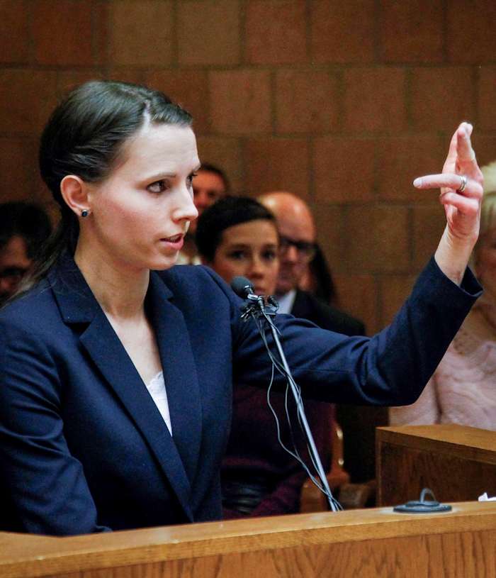 The decisions by Dantzscher (top, testifying before the U.S. Senate in 2017) and Denhollander (bottom, testifying at a Nassar hearing that same year) to speak out against the former doctor opened the floodgates for others to share their stories of abuse in gymnastics.