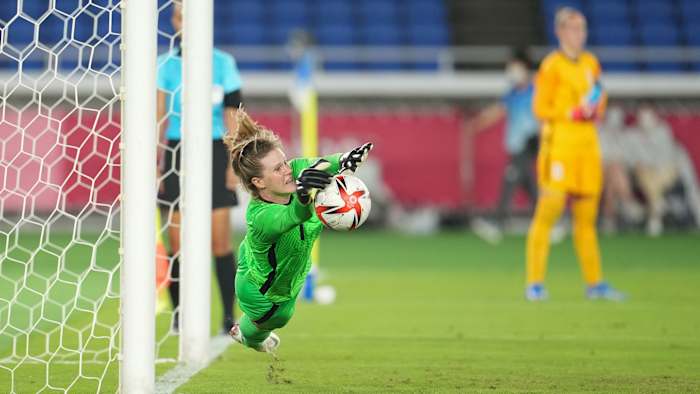 USWNT's Alyssa Naeher saves a penalty kick vs. the Netherlands at the Olympics
