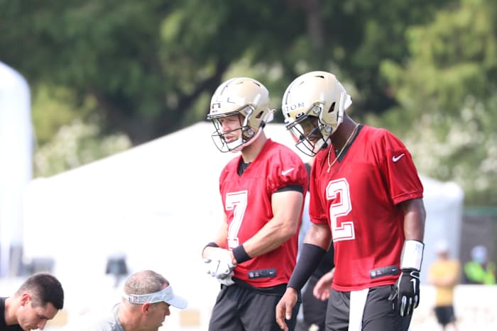 Saints quarterbacks Taysom Hill and Jameis Winston at Saints Training Camp, Day 3 on July 31, 2021.