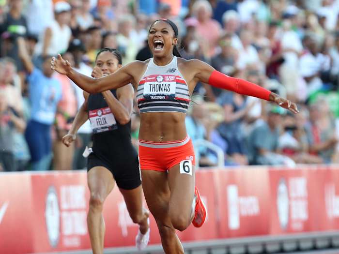 Gabby Thomas, center, wins the women's 200 meters with Allyson Felix, left, in fifth and Jenna Prandini capturing second place for silver during the Olympic Track and Field Trials at Hayward Field.