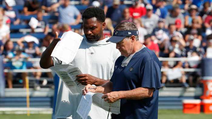 Patriots ILB Coach Jerod Mayo with head coach Bill Belichick