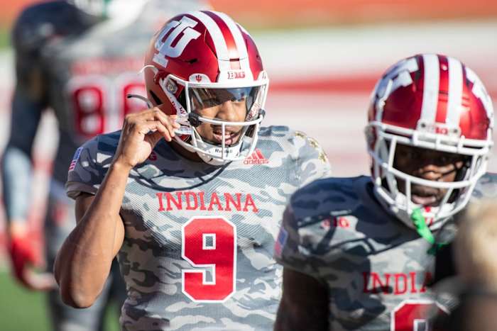 Nov 28, 2020; Bloomington, Indiana, USA; Indiana Hoosiers quarterback Michael Penix Jr. (9) in the first half against the Maryland Terrapins at Memorial Stadium.