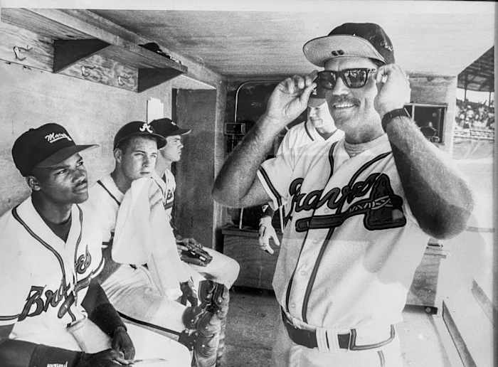 A young Snitker goofed off with a young Chipper Jones.